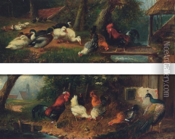 A Cockerel, Hens And A Peacock Before A Barn Oil Painting - Julius Scheuerer