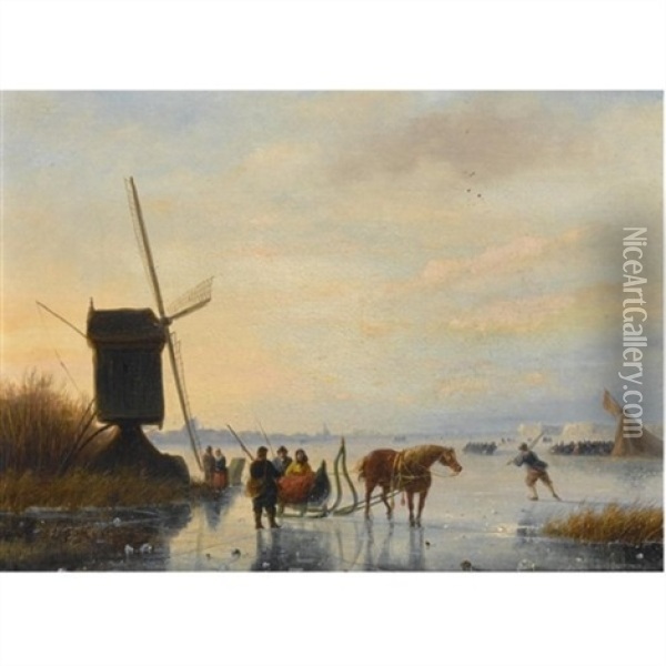 A Horse And Sledge On The Ice, A Koek En Zopie In The Distance Oil Painting - Nicolaas Johannes Roosenboom