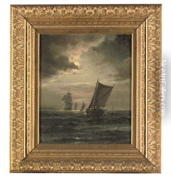 A Sailing Boat In A Gathering Storm, A Frigate And Other Boats Beyond Oil Painting - Vilhelm Victor Bille