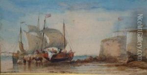 Two Fishing Vessels Unloading Their Catch On A Beach Oil Painting - John Cuthbert Salmon