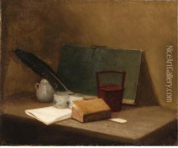 A Book, A Letter, An Inkwell And Other Objects On A Ledge Oil Painting - Jean-Baptiste-Simeon Chardin