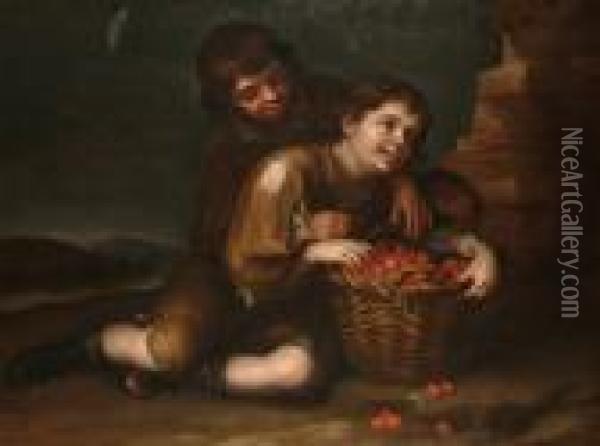 Children With A Basket Of Cherries Oil Painting - Bartolome Esteban Murillo