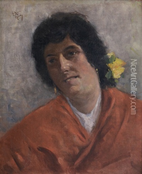 Lo Scialle Rosso Oil Painting - Antonio Maria de Reyna Manescau