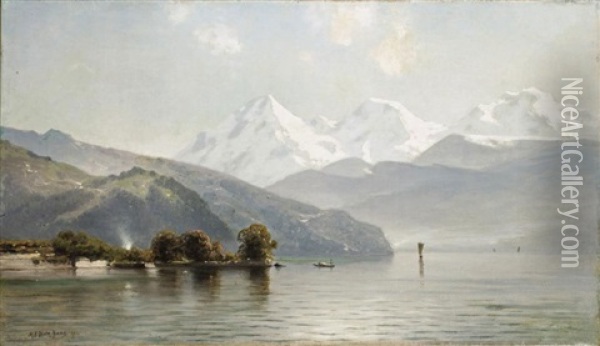 A View Of The Thunersee With The Eiger Mountains, Monch And Jungfrau Beyond, Switzerland Oil Painting - Mauritz Frederick Hendrick de Haas