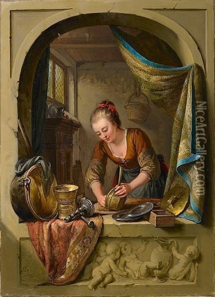 A Young Woman Cleaning Pans At A Draped Stone Arch Oil Painting - Willem Joseph Laquy