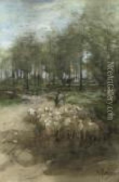 Naar De Heide: A Shepherd And His Flock On A Sandy Track Oil Painting - Anton Mauve