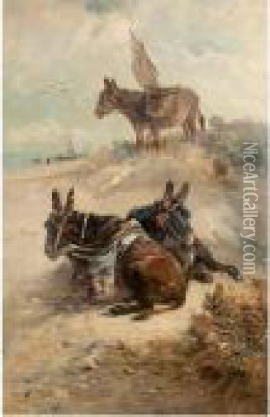 Donkeys At Rest On The Beach Oil Painting - Henry Schouten