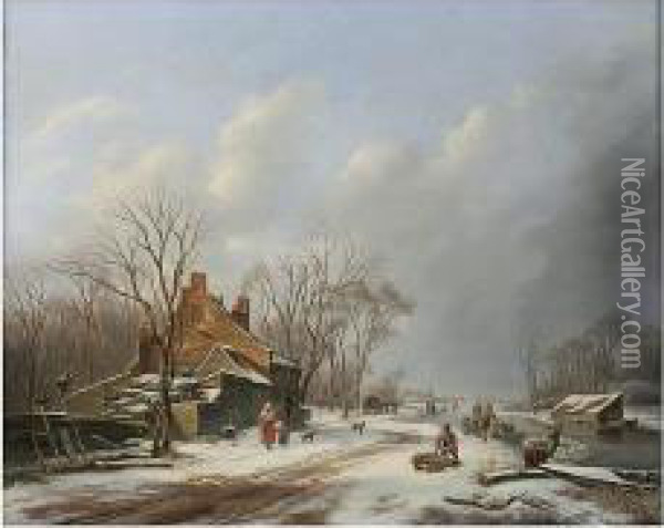 Winter Landscape With Frozen River And Figures Oil Painting - Cornelis Lieste