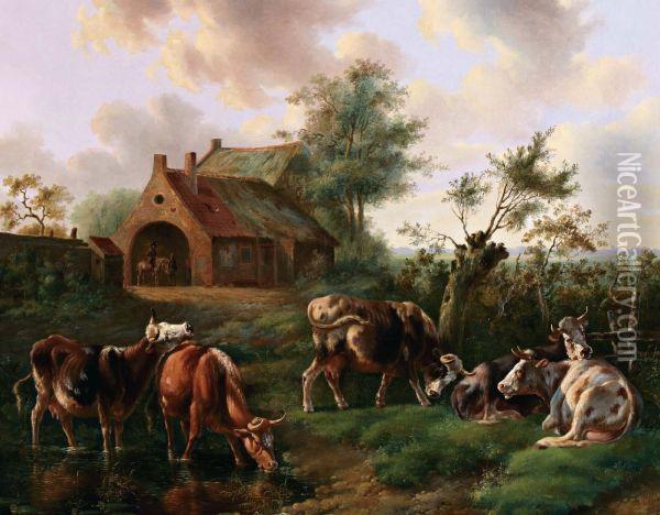 Rustende Koeien Bij Een Drinkplaats Oil Painting - Albertus Verhoesen