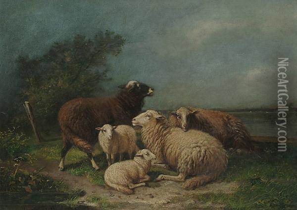 Sheep In A Landscape Oil Painting - Laurent De Beul