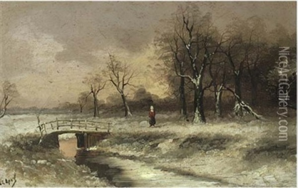 A Figure Walking Beside A Stream, In A Snowy Landscape (+ The Sun Setting Over A Snowy Landscape; Pair) Oil Painting - Louis Apol