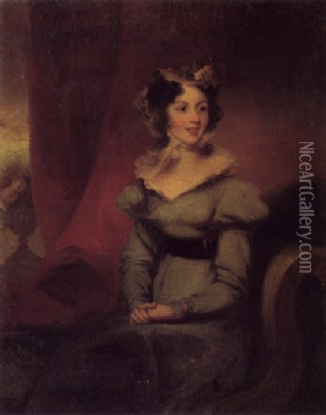 Portrait Of Miss Bennett Wearing A Green Dress And A White Lace Cap Oil Painting - George Chinnery