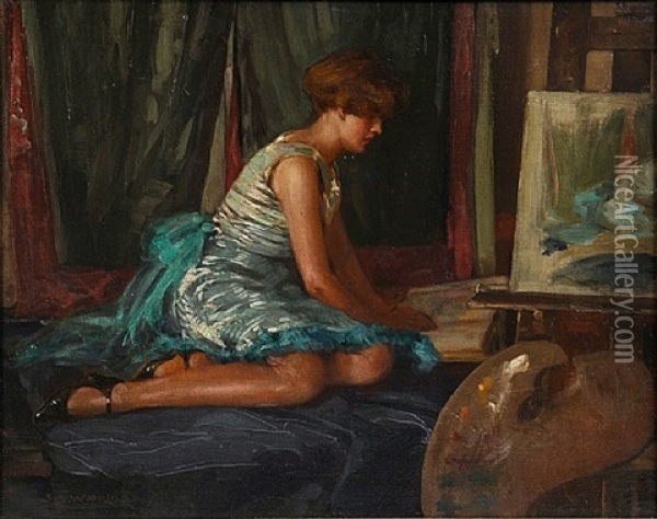 Portrait Of The Artist's Wife Emily Griffin Watkins As A Girl Seated Oil Painting - John Samuel Watkins