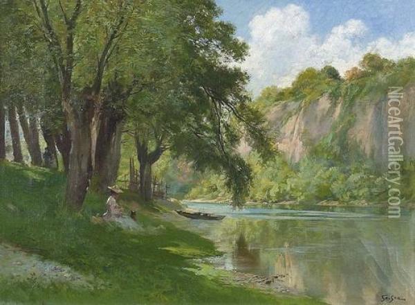 Dame Unter Baumen An Einem Flussufer. Oil Painting - Francois Adolphe Grison
