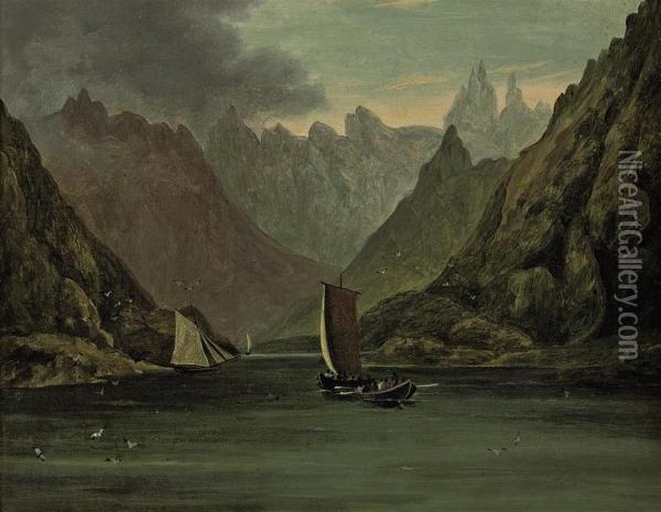 Sailing Vessels In Fjords With The Wind Tunnelling Through Themountains Oil Painting - Charles Walters D' Oyly