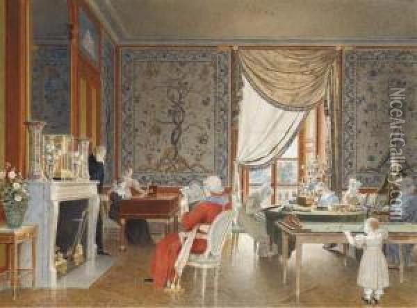 Vue De L'interieur Du Salon Au Chateau De Roucy Oil Painting - Jean Lubin Vauzelle
