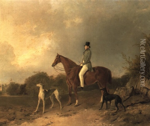 Equestrian Portrait Of Lord Eglinton On His Chesnut Hunter With Greyhounds Oil Painting - Richard Ansdell