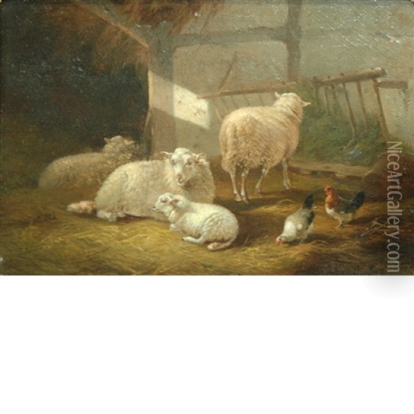 Sheep In A Clearing; Sheep In A Barn (2 Works) Oil Painting - Joseph Van Dieghem