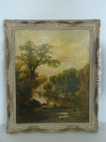 Beautiful Landscape Scene Depicting An
 Angler On Rocks Oil Painting - Thomas Stanley Barber