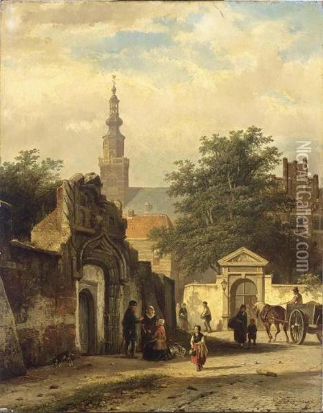 Figures In The Sunlit Streets Of A Dutch Town Oil Painting - Cornelis Springer