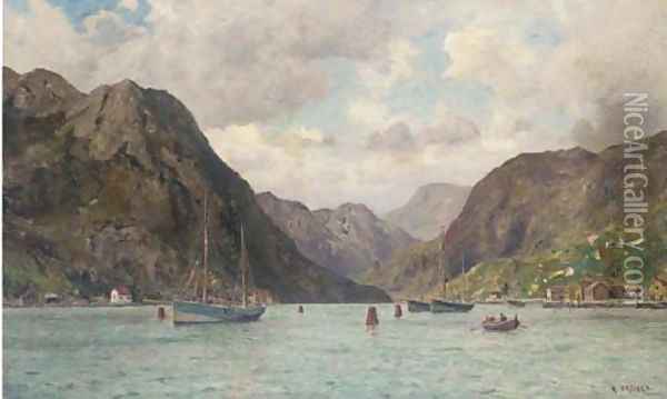Fishing boats lying on their moorings in a Norwegian fjord Oil Painting - Henry Enfield