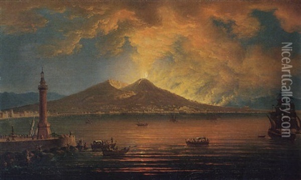Naples, A View Of The Bay With The Eruption Of Vesuvius Oil Painting - Pietro Antoniani
