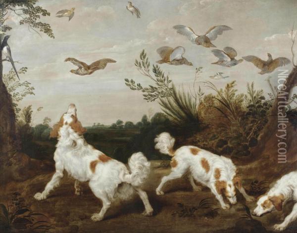And Studio Three Springer Spaniels On The Hunt For Partridges Oil Painting - Paul de Vos