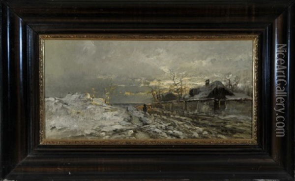 Winterabend - Ein Schafer Treibt Seine Herde Die Dorfstrase Entlang Oil Painting - Konrad Wimmer