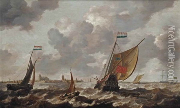 A Dutch Man-of-war And Other Ships In Choppy Waters Before The Town Of Veere Oil Painting - Bonaventura Peeters the Elder