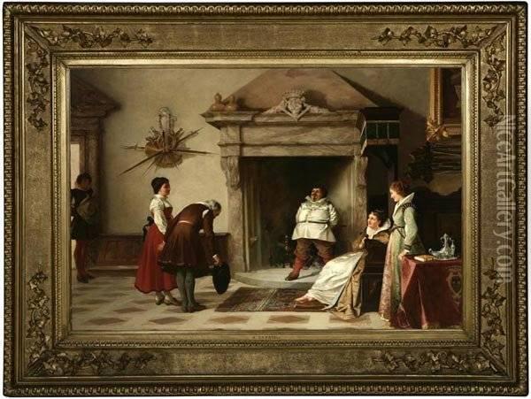 Figures Greeting A Noble Lady In Aninterior Oil Painting - Amos Cassioli
