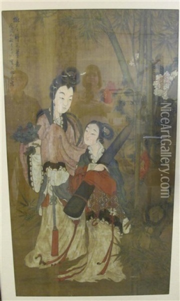 Two Famele Portraits With Bamboo Oil Painting -  Qiu Ying