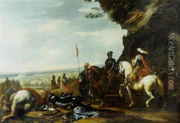 Military Commanders By A Rocky Outcrop Before A Battlefield Oil Painting - Jacques Courtois
