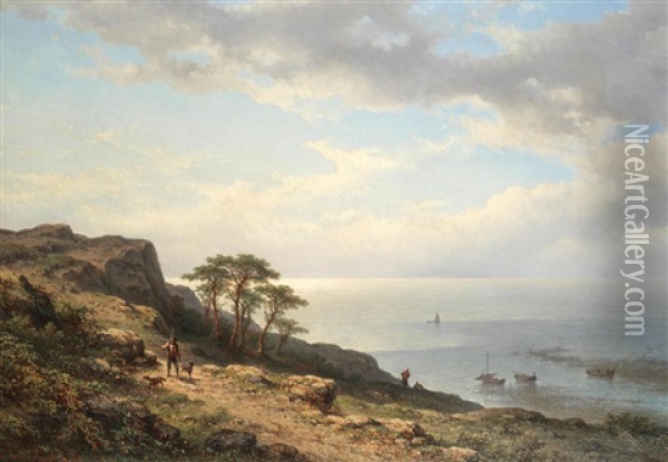 A Mediterranean Coastal Landscape Oil Painting - Johannes Hilverdink