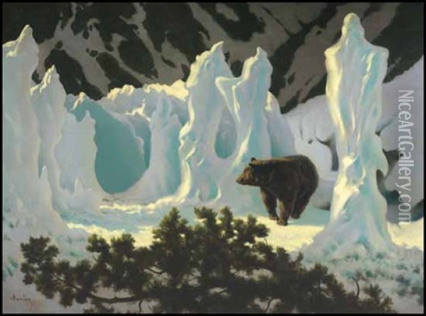 Grizzly Bear In Ice Forms In The Rockies Oil Painting - Arthur Heming