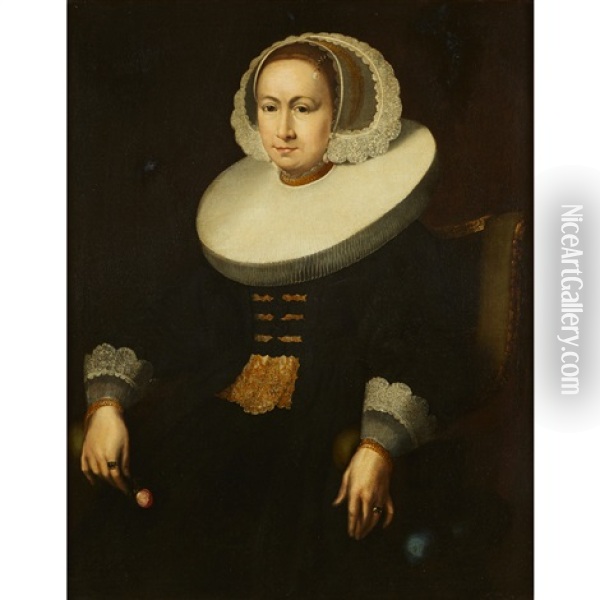 Portrait Of A Lady With White Ruff And Cap, Holding A Flower Oil Painting - Jan Anthonisz Van Ravesteyn