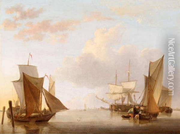 Dutch Shipping In Calm Coastal Waters Oil Painting - Jan van Os