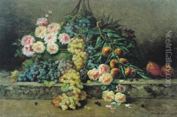 Stilleven Met Bloemen En Vruchten Oil Painting - Max Carlier