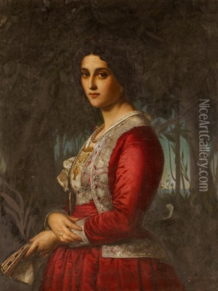 Portrat Einer Dame Mit Facher Oil Painting - Rudolf W. A. Lehmann