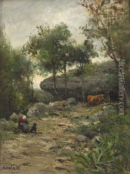 Bauerin Mit Rindern In Waldiger Landschaft Oil Painting - Louis Appian