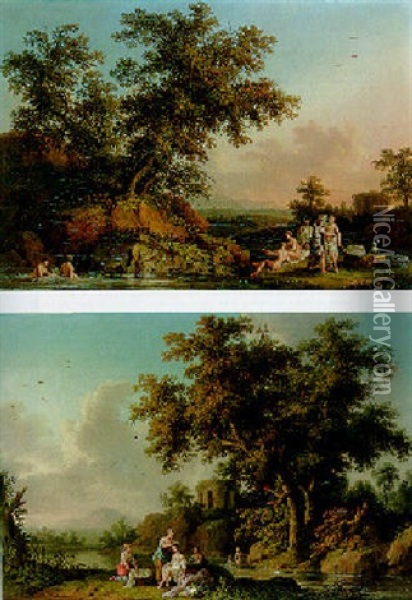 Italianate Landscape With Girls Bathing, Temple Beyond Oil Painting - Jacob Philipp Hackert
