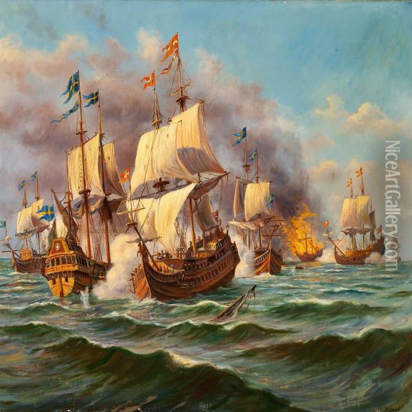 Danish And Swedish Warships In The Battle Of Koge Bugt Oil Painting - Fritz V. Lund