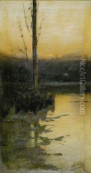 Laguna Y Arbol. Oil Painting - Segundo Matilla Y Marina