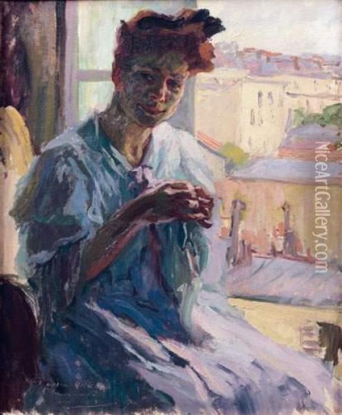 Jeune Femme A La Fenetre Oil Painting - Mederic Bottin