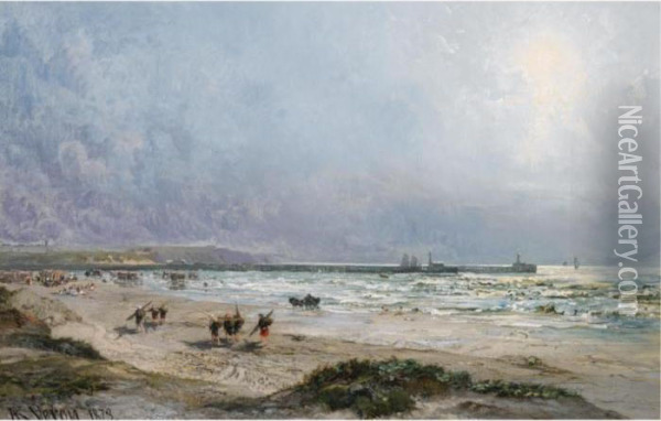 Fishermen On The Normandy Coast Oil Painting - Alexandre Rene Veron