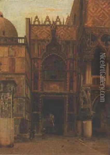 La Porta Della Carta Nella Palazzo Ducale, Venezia Oil Painting - John Wharlton Bunney