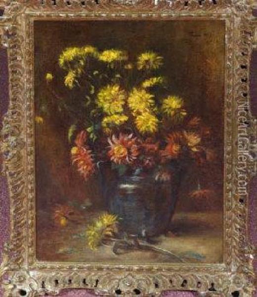 Red And Yellow Flowers In A Vase Oil Painting - Ignace Henri Jean Fantin-Latour