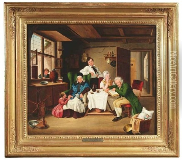 Stubeninterieur. Eine Familie Hat Sich Um Einen Tisch Gruppiert Oil Painting - Johann Andreas Engelhart