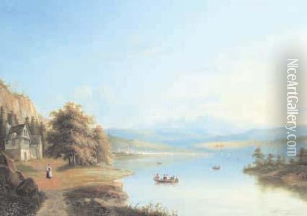 Veduta Di Citta Sul Lago Oil Painting - Achille Dovera