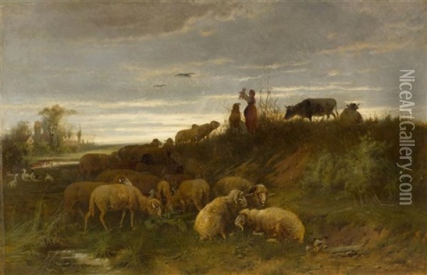 Family Of Shepherds In A Broad Landscape Oil Painting - Otto Friedrich Gebler