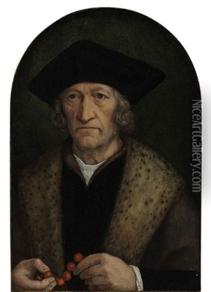 Portrait Of A Gentleman In A Black Hat And Brown Robe With A Lynx Collar, Holding A Rosary Oil Painting - Michiel Sittow